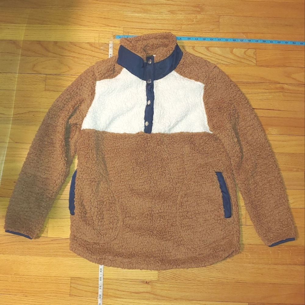 Colorblock Sherpa Fleece Button Down Pullover Pockets SMALL